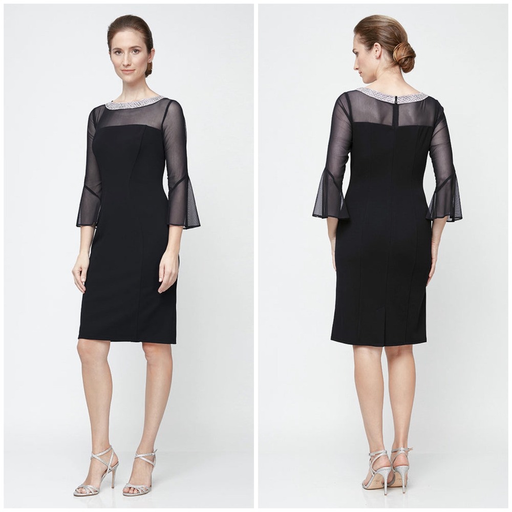 Alex‎ Evenings Black Mesh Bell Sleeve Rhinestone Neck Sheath Dress 10